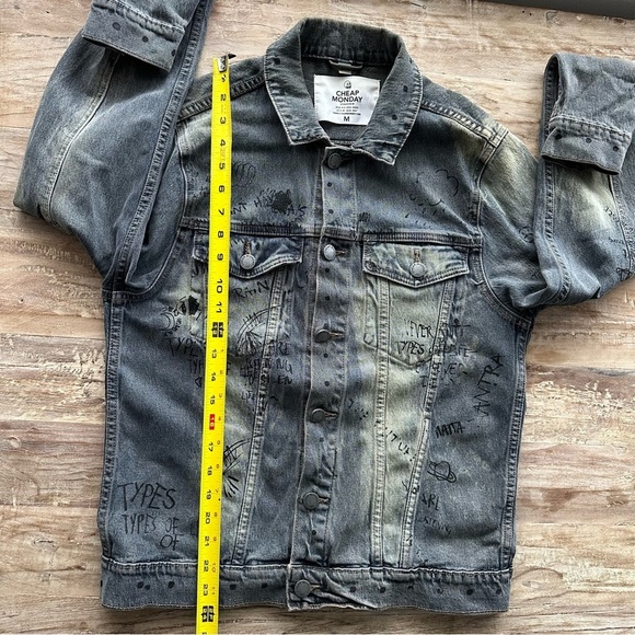 Cheap Monday Staple Denim Jacket Psyched SZ Medium Blue Graffiti Hand Print - Picture 8 of 10